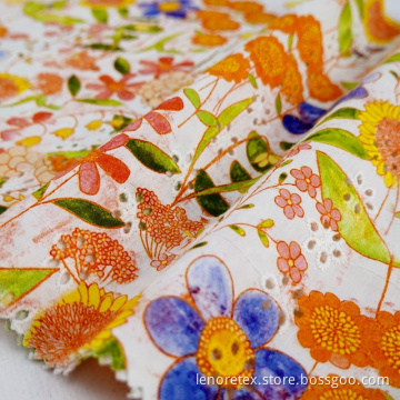Cotton Woven Poplin Flower Printed Cutwork Embroidery Fabric